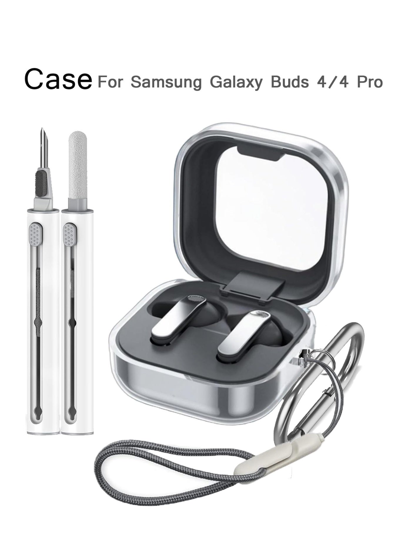 Case for Samsung Galaxy Buds 4/Buds 4 Pro - TPU Protective Cover, Full-Body Protection with Scratch Protection, Anti-Shockproof, Includes Carabiner,Cleaning Kit & Lanyard (Clear)